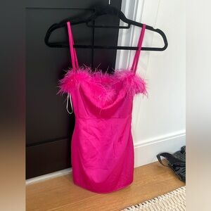 White pink silk dress with feather neck line